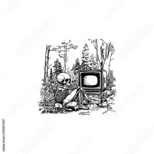 skeleton watching TV in the forest engraving design vector template illustration