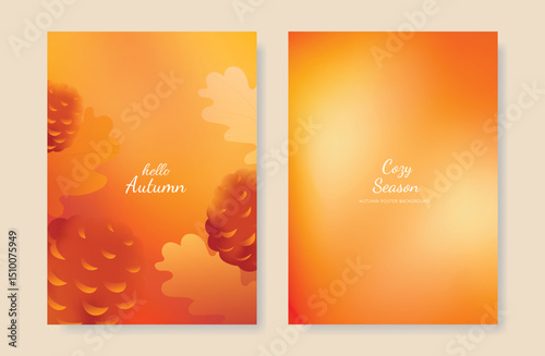Abstract orange color gradient autumn card background set. Minimalist poster with oak leaf and pine cone. Modern fall season wallpaper design for home decoration, website, banner, ads.