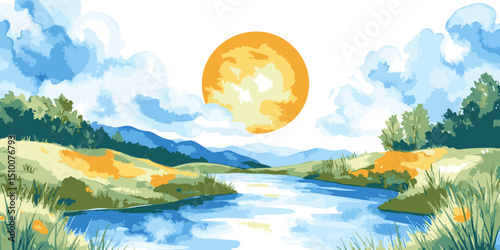 Mountain sunset with a radiant sky and beautiful light reflection on the water
