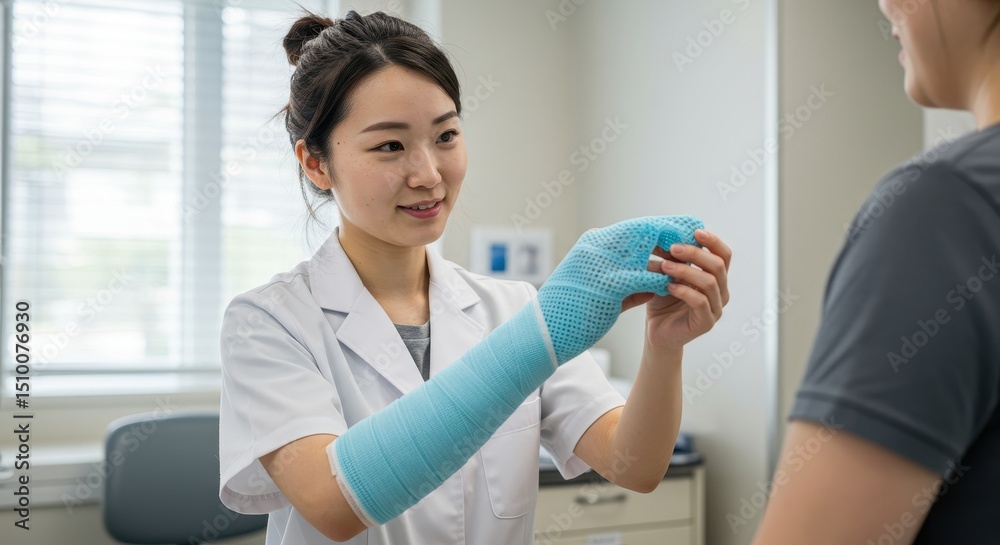 Obraz premium Doctor examining patient's arm cast in clinic