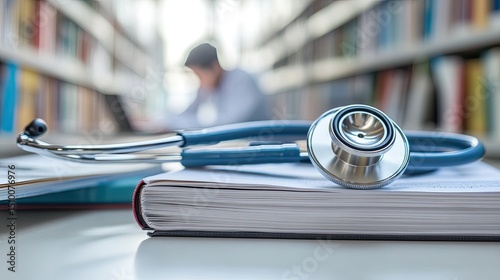 A medical student studies diligently in the library as a stethoscope rests on textbooks under soft