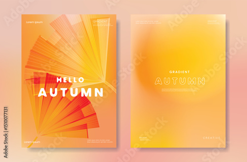 Abstract orange color gradient autumn card background set. Minimalist poster with ginkgo leaf. Modern fall season wallpaper design for home decoration, website, banner, ads.