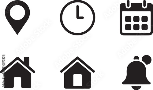 Minimalist set of icons showcasing essential symbols like location, clock, calendar, home, and bell, ideal for user interfaces and websites