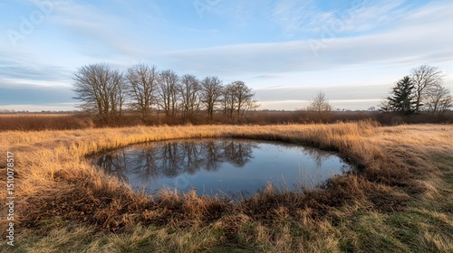 Serene Pond in Autumnal Meadow Landscape Photography