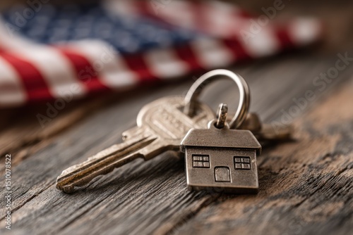 Silver House Keychain and Keys on Rustic Wooden Surface with Flag Background