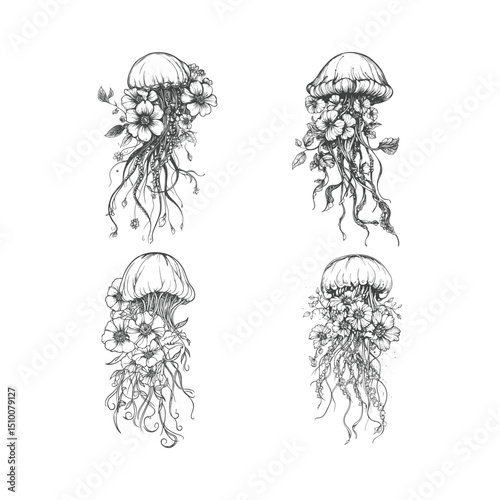Floral jellyfish floating gracefully design vector template illustration