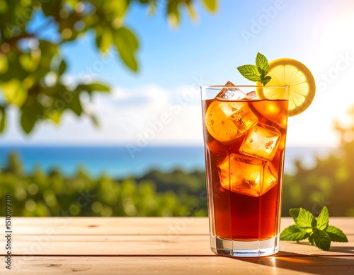 Iced tea on a wooden table overlooking the ocean