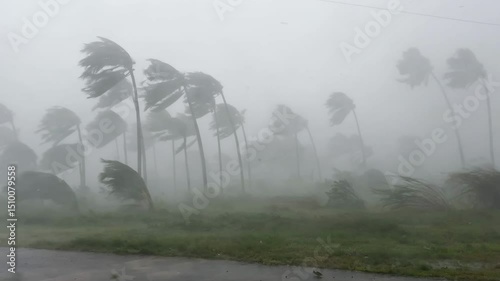 Hurricane in action blowing hard against the palm trees.
