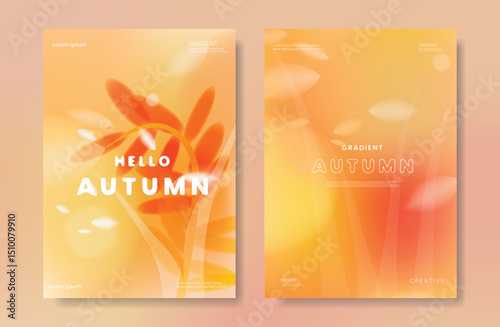 Abstract orange color gradient autumn card background set. Minimalist poster with barley. Modern fall season wallpaper design for home decoration, website, banner, ads.