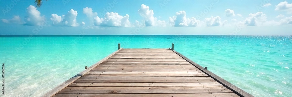 Obraz premium Serene beach dock extending into calm turquoise water, sun-drenched wood planks, tranquil ocean scene perfect for relaxation and summer vacations , vacation, ocean