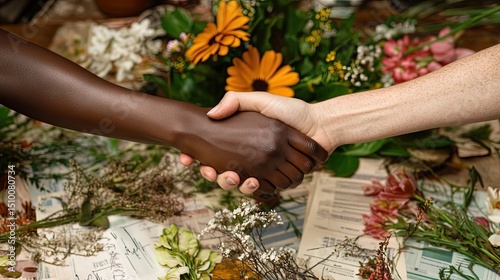 Close-up view of diverse hands shaking in amicable gesture.