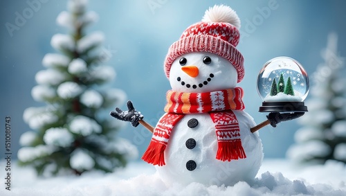 Cheerful snowman holding a snow globe, wearing a knitted hat and scarf in a winter wonderland