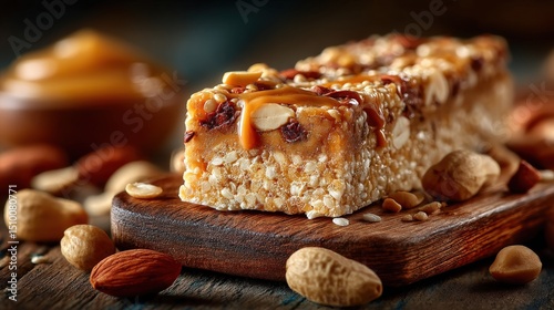Crunchy peanut butter quinoa bar on a wooden board with scattered peanuts