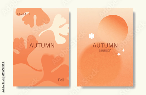 Abstract orange color gradient autumn card background set. Minimalist poster with ginkgo leaf. Modern fall season wallpaper design for home decoration, website, banner, ads.