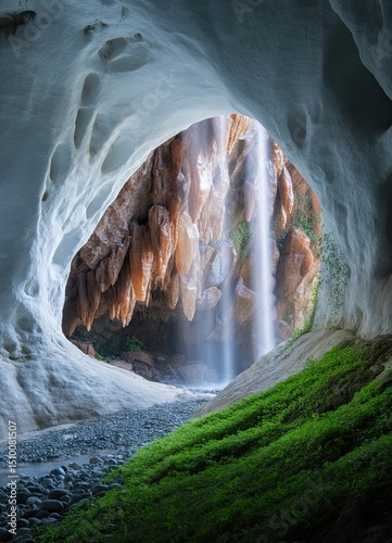 A surreal white cave with glowing rock formations, lush moss, and a radiant light beam cascading through the entrance – AI Generated Digital Art