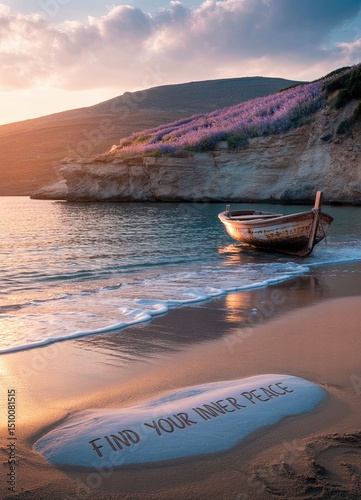 A tranquil coastal scene captures a weathered wooden boat resting gently on the shore of a secluded beach. The phrase “FIND YOUR INNER PEACE