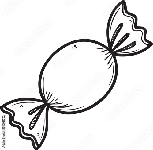 Bonbon Candy Sweet Vector Illustration, Sketch Drawing Line Linear Symbol Icon Engraving Coloring Book, Hand-drawn Black and White Isolated