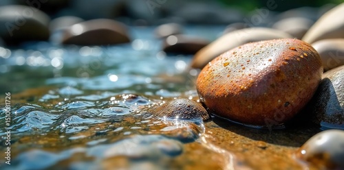 Close-up of smooth, colorful river rocks, wet from a recent shower, glistening in the sunlight Perfect for spa, nature, or geology themes , shiny, macro