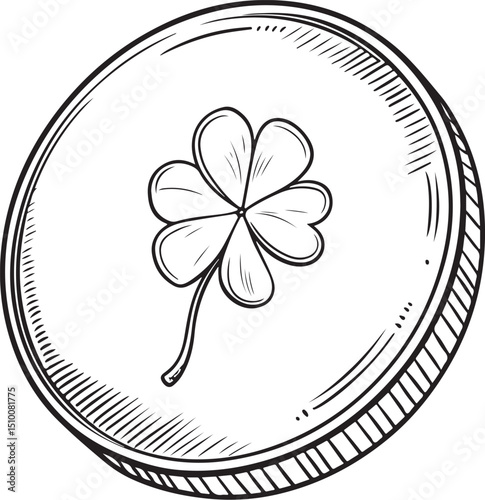 Lucky coin for St. Patrick's, Vector Illustration, Sketch Drawing Line Linear Symbol Icon Engraving Coloring Book, Hand-drawn Black and White Isolated