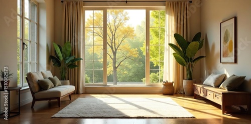 Serene mediation home interior, sunlight streaming through large windows, highlighting peaceful decor Perfect for relaxation and mindful practices , harmony, light, interior