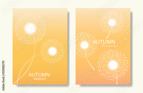 Abstract orange color gradient autumn card background set. Minimalist poster with dandelion flower. Modern fall season wallpaper design for home decoration, website, banner, ads.
