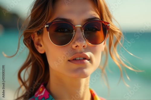 A woman relaxing on a sunny beach with sunglasses, perfect for travel or leisure photos photo