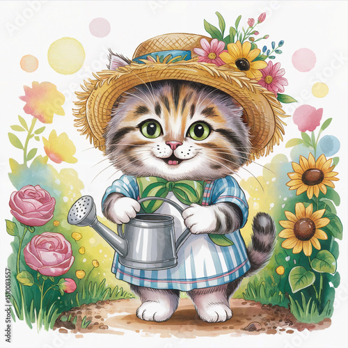 cat with flowers, fluffy cute cat in a gardener costume
