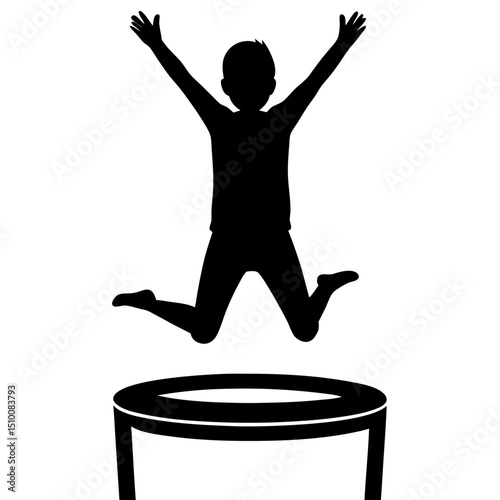 Boy jumping on trampoline silhouette vector illustration