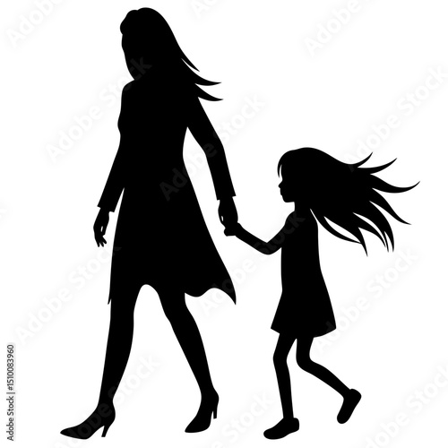 Mother and daughter walking silhouette vector illustration