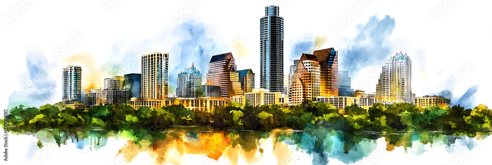 Obraz premium watercolor austin texas downtown skyline&nbsp;