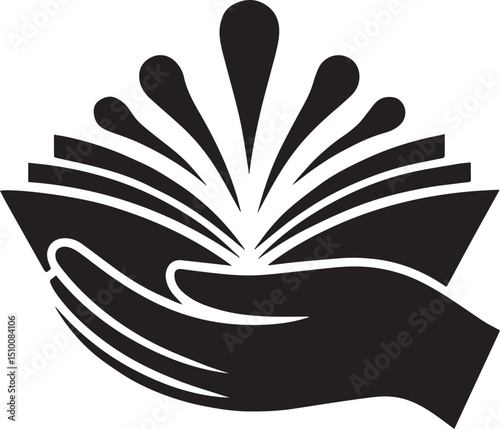 A hand holding an open book with radiating lines, symbolizing knowledge, education, and the transformative power of reading, ideal for literary, academic, or community outreach initiatives