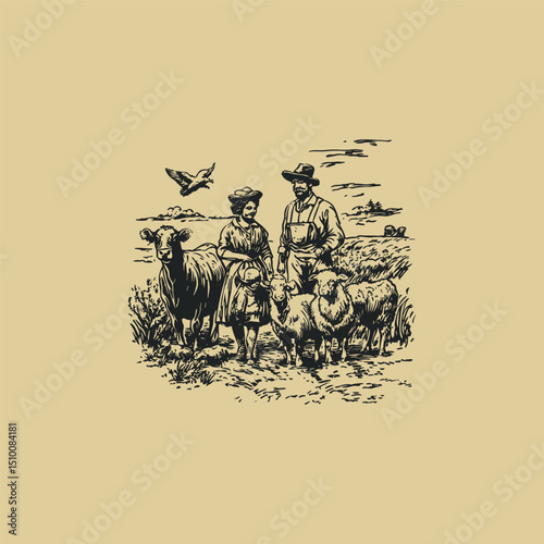Family farm livestock engraving design vector template vintage illustration