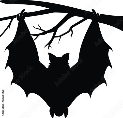 Bat hanging upside down from a branch isolated on white background