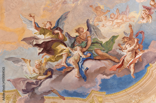 LODI, ITALY - MAY 21, 2025: The baroque fresco of angels in the chruch Chiesa di San Filippo Neri by Carlo Innocenzo Carloni from 18. cent. 