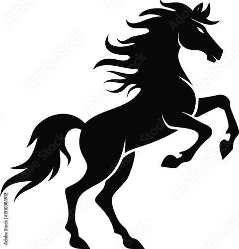 Black horse rearing isolated on white background in silhouette style