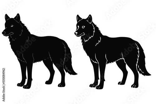 Vector illustration of two silhouetted wolves in profile posing side by side on a plain white background
