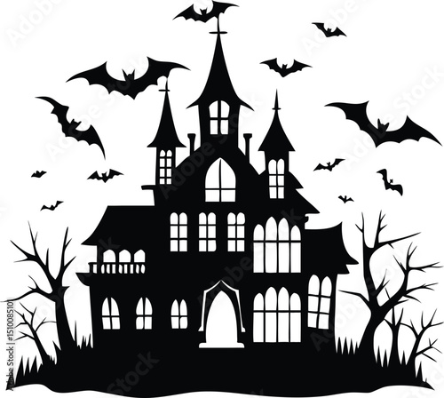 Silhouette of a spooky haunted house with bats isolated on white