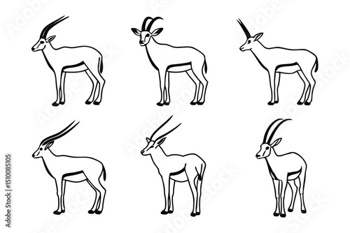 A collection of simple black and white outlined gazelle or antelope illustrations on a white background