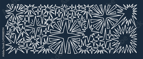 Hand drawn line art firework sparkle stars set. Space shine crayon shapes and blings pack. Comets and blinking on night sky. Vector illustration by pencil or wax crayon isolated on dark background.