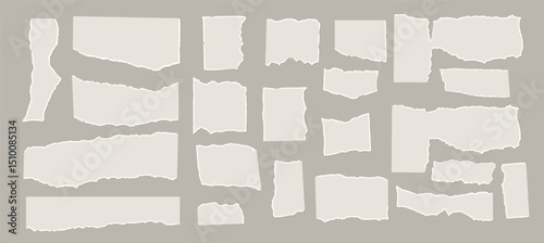 Set of torn white papers. Tear sheet pieces pack. Blanks with uneven textured edges. Newspapers cutouts mockup. Empty colorful stylized callouts for text. Vector hand drawn illustration isolated.