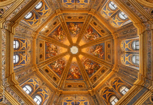 LODI, ITALY - MAY 21, 2025: The fresco in cupola - Triumph of Saints of Lodi in church Chiesa Beata Vergine Incoronata by Enrico Scuri (1840).