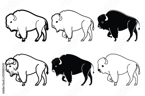 Diverse array of simple black and white american bison illustrations depicting different styles and outlines