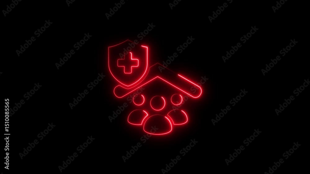 Neon red animated icon representing healthcare protection and community wellbeing in a black background