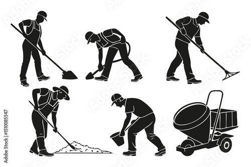 Black and white construction workers silhouettes performing various tasks for engineering projects