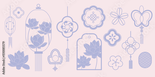 Luxury Oriental Asian ornament vector set. Chinese and Japanese paper lantern, cherry blossom, hanging fetish, lotus flower, pattern. Design for decorative card, poster, print, icon, background.