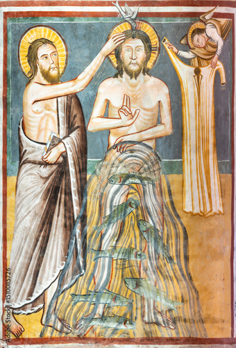 LODI, ITALY - MAY 21, 2025: The medieval fresco of Baptism of Christ in church Chiesa di San Francesco from begin of 15. cent. 