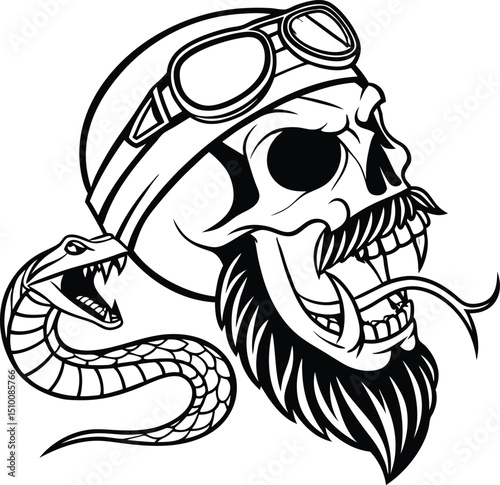 Skull with Snake, Motorcycle Helmet, and Beard