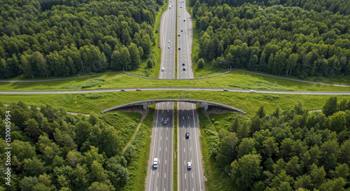 Aerial View of Forested Wildlife Overpass Spanning Highway with Cars
