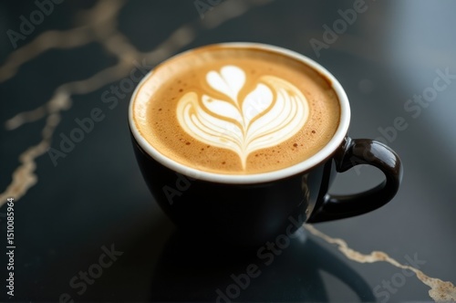 A cup of coffee with a unique leaf design on the side