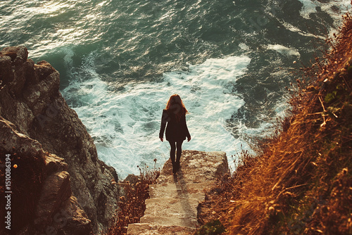 Woman walking along a cliffside path